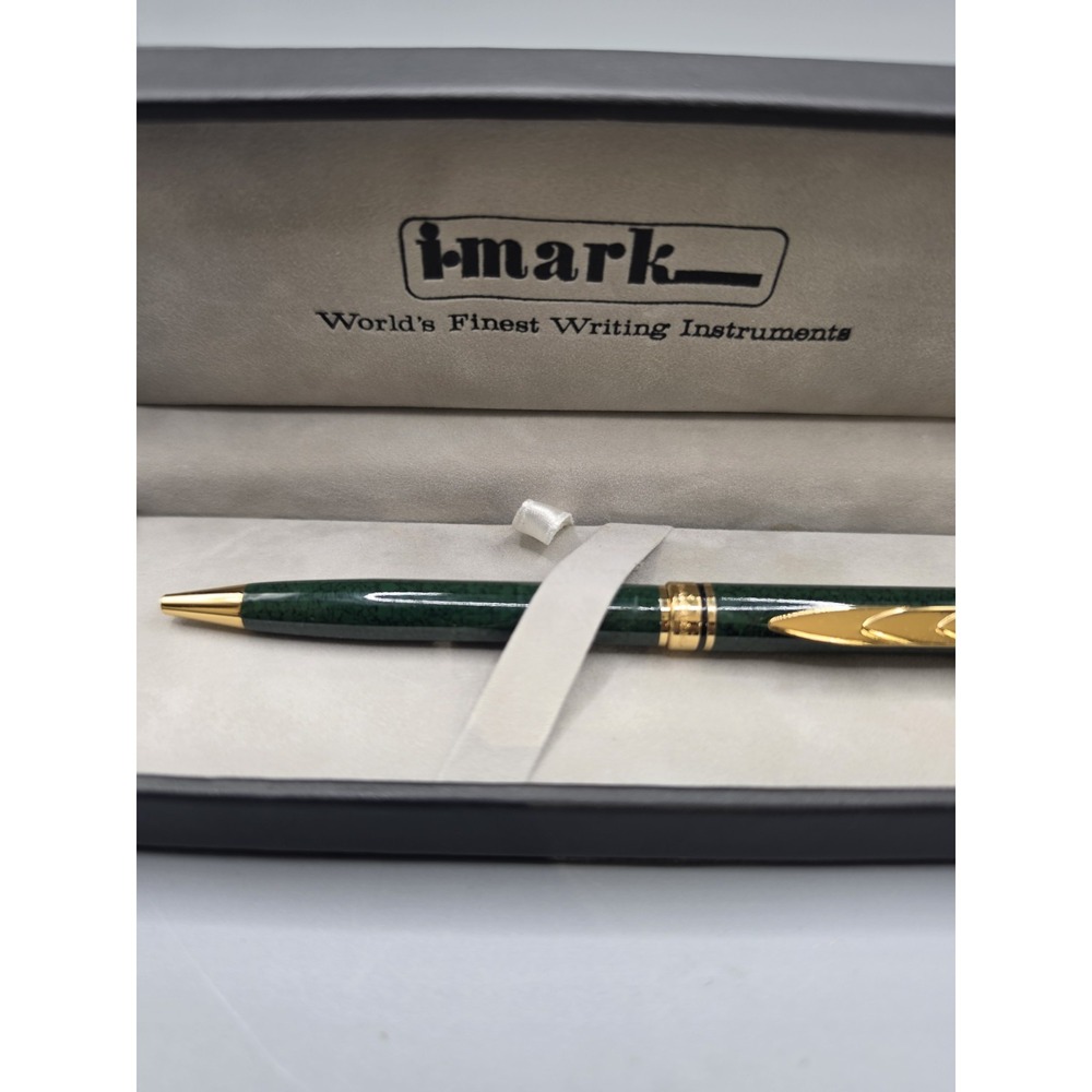 i-Mark Green Marbled Ballpoint Pen Gold Tone Trim Original Presentation Case - Picture 3 of 9